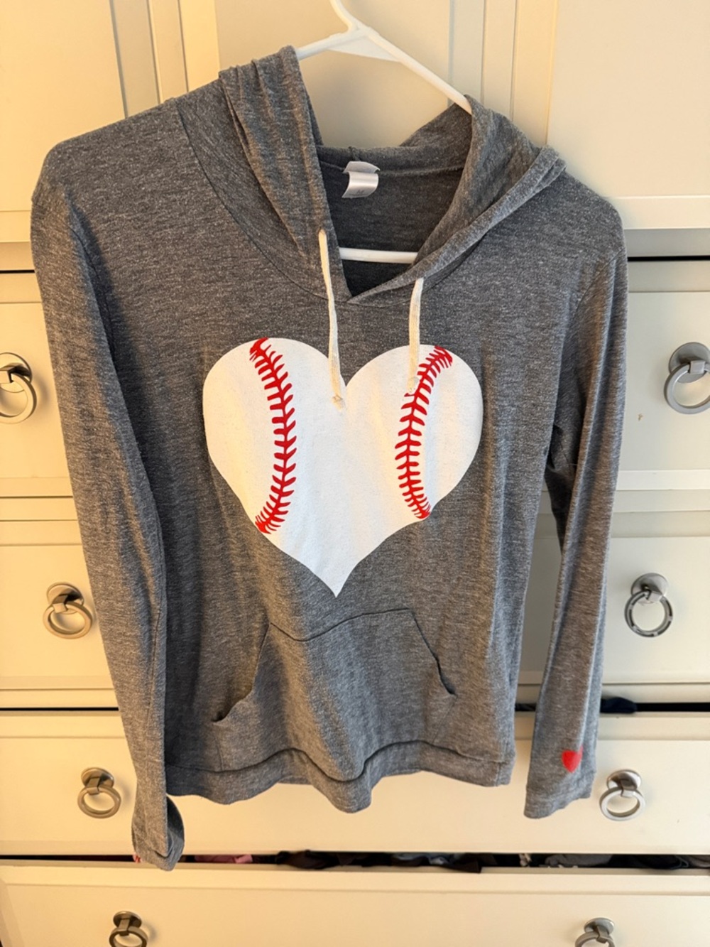 Alternative Gray Long Sleeve Hoodie with White Baseball Heart and Red Stitching